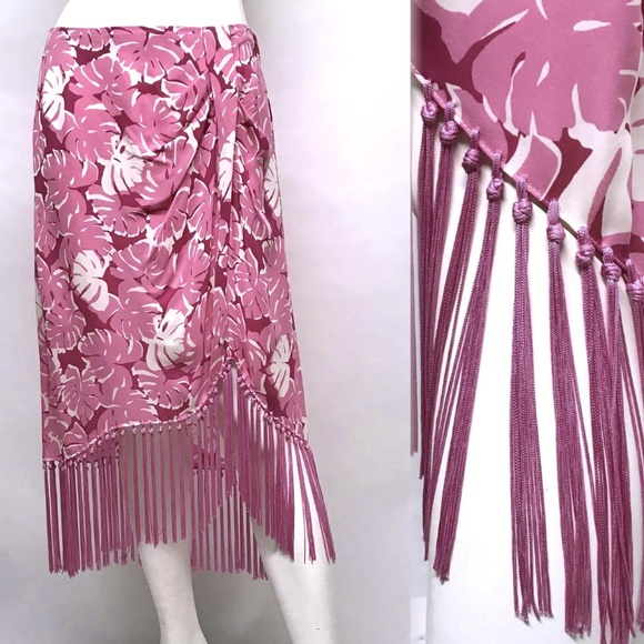 MICHAEL KORS Pink Silk TROPICAL Skirt FRINGE 8 M - Picture 2 of 8
